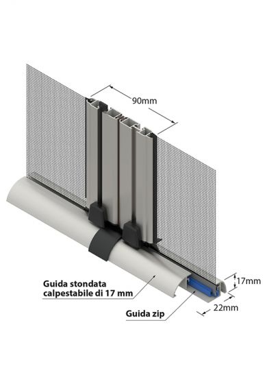 Zanzariera Antivento a rullo Laterale Anticimice "Sigilla" con cerniera ZIP, a doppia Apertura per larghezza Vano oltre 150 cm, con Guida bassa da 17 mm, ingombro da 55 mm - 17990