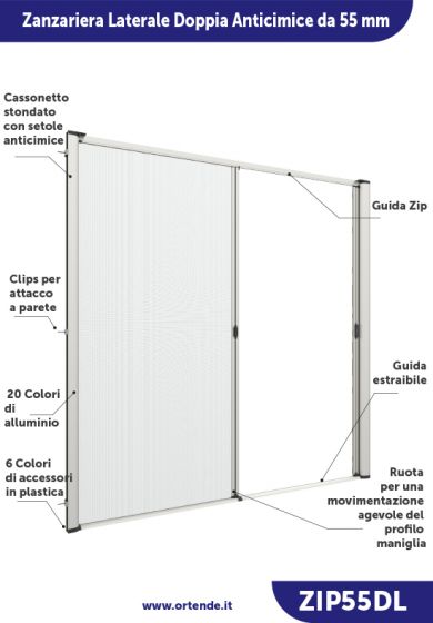 Zanzariera Antivento a rullo Laterale Anticimice "Sigilla" con cerniera ZIP, a doppia Apertura per larghezza Vano oltre 150 cm, con Guida bassa da 17 mm, ingombro da 55 mm - 17990