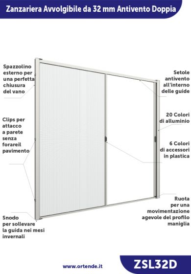 Zanzariera con setole Antivento, a rullo Laterale, a Molla e a doppia Apertura per Larghezza Vano fino a 260 cm, Ingombro da 32 mm - 826