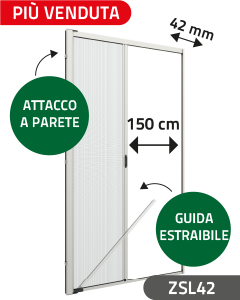 Zanzariera con setole Antivento, a rullo Laterale, a Molla, per Larghezza Vano fino a 150 cm, Ingombro da 42 mm